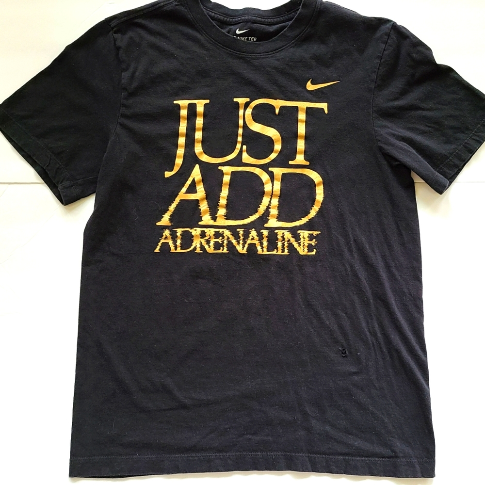 Nike Small Black Gold just add adrenaline short sleeve tee shirt cozy lounge